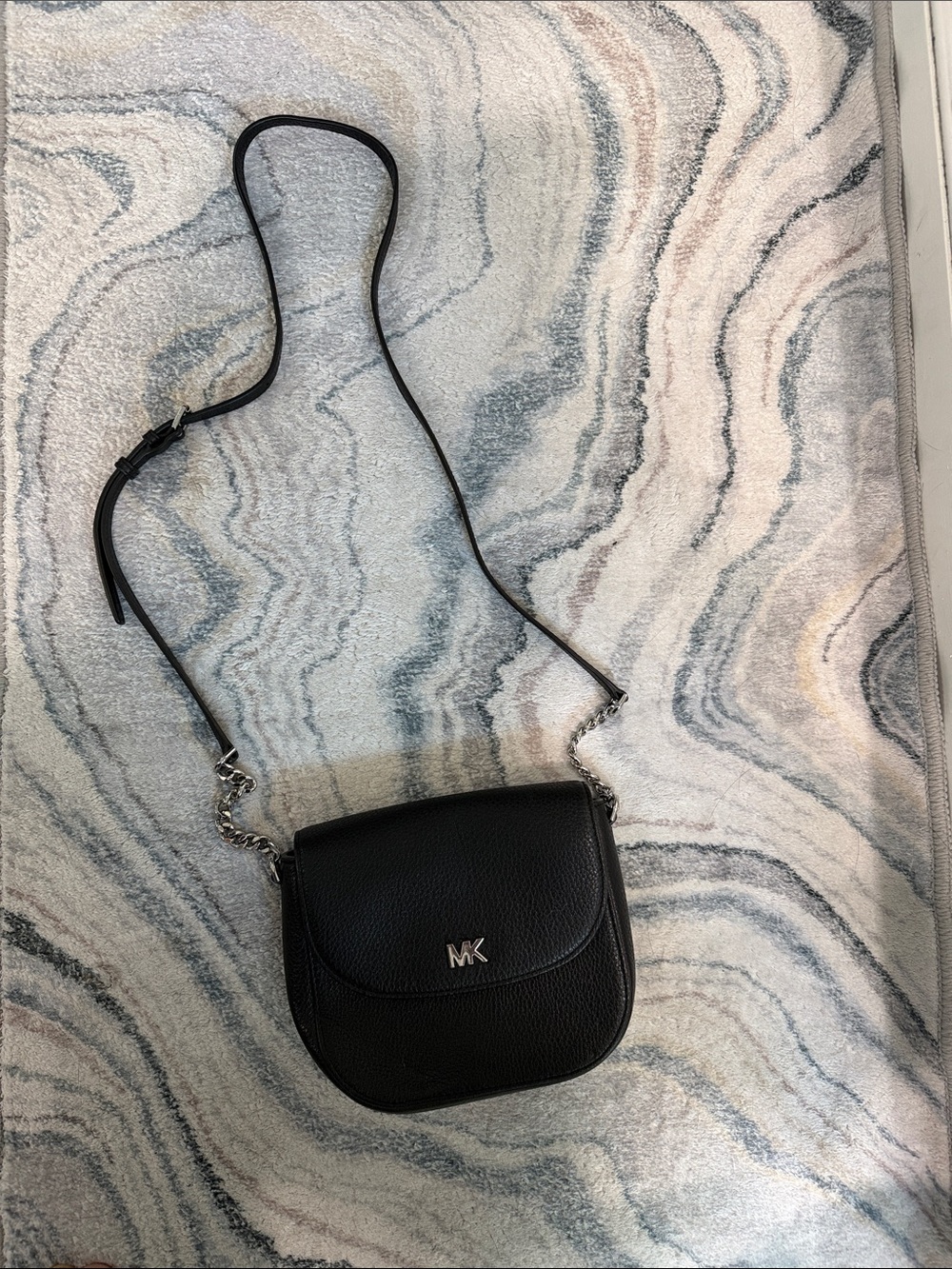 Michael Kors Black Pebbled Leather Crossbody Saddle Bag with Chain Strap